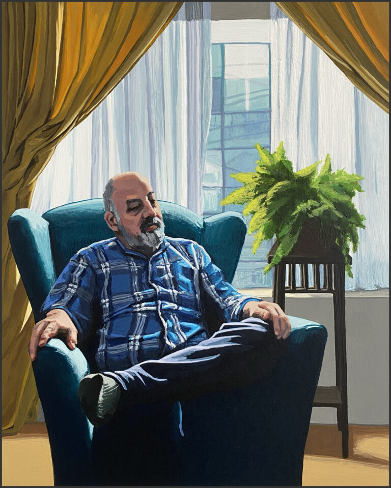 Painting of man sitting before a window.